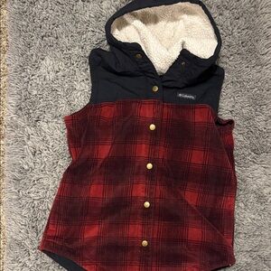 Columbia Black and Red Plaid Hooded Vest